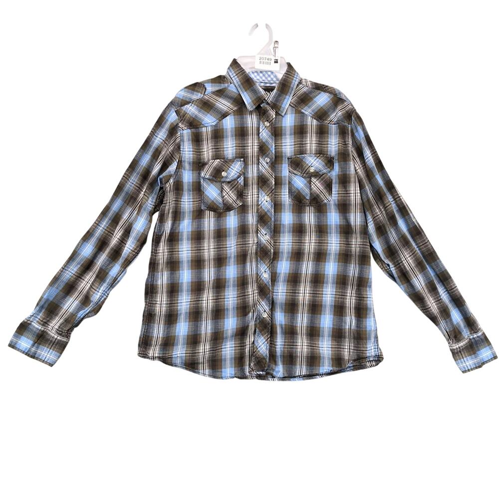 Carbon Blue Brown Plaid Cotton Button Up Shirt Men's L‎ Long Slv Gorpcore Grunge
